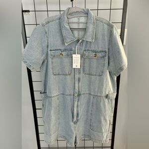 Denim Zip Up Short Sleeved Romper Plus Size NWT